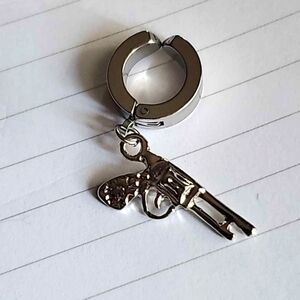 NWT Chunky Silver Tone Stainless Steel Ear Clip Earring Gun Pistol One P…